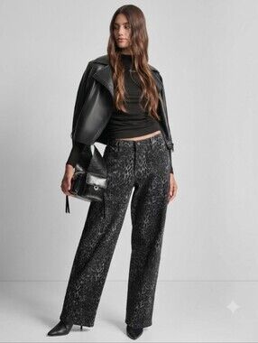 DKNY Jeans Size 32 Charcoal Grey Leopard Print High Rise Wide Leg Jeans